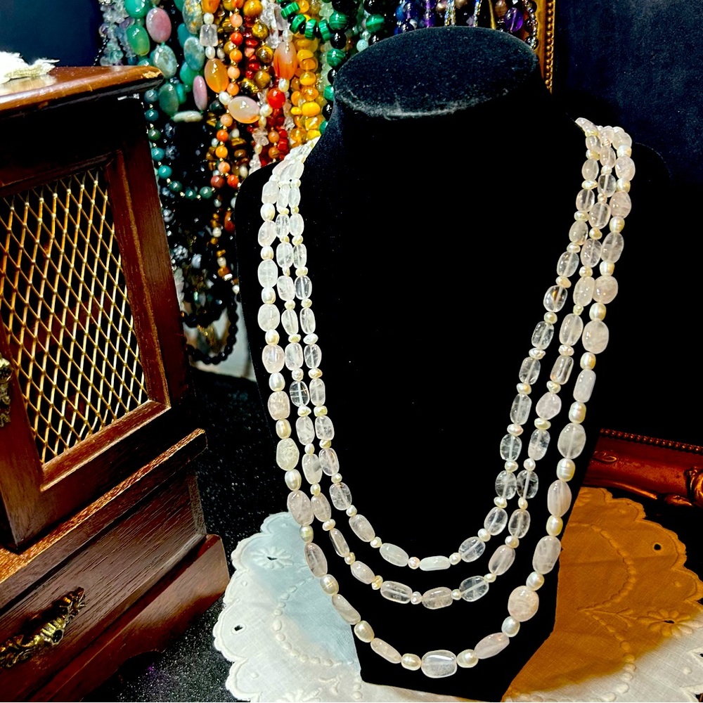 3 Strand Rose Quartz & Freshwater Pearl Necklace